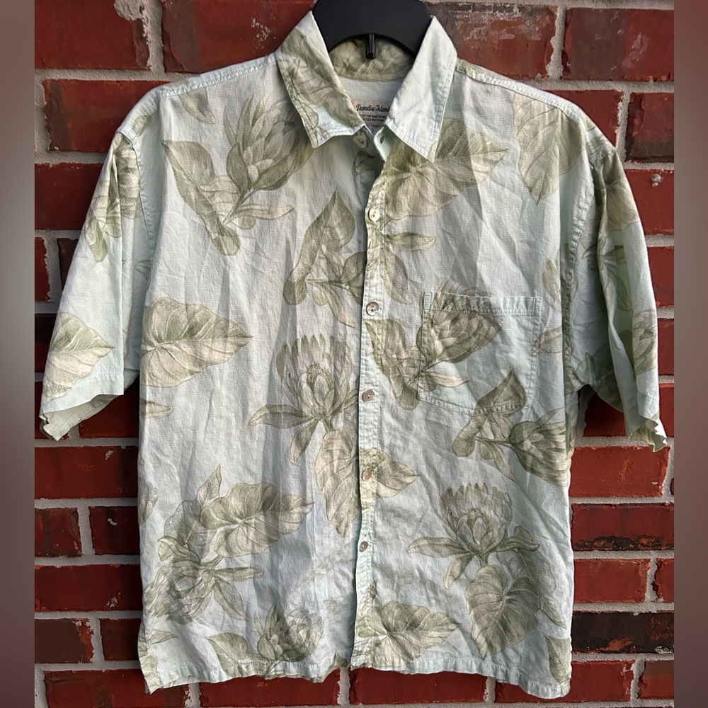 Vntg Paradise Island Short Sleeve Button Down Green Floral Hawaiian XL Shirt A-5